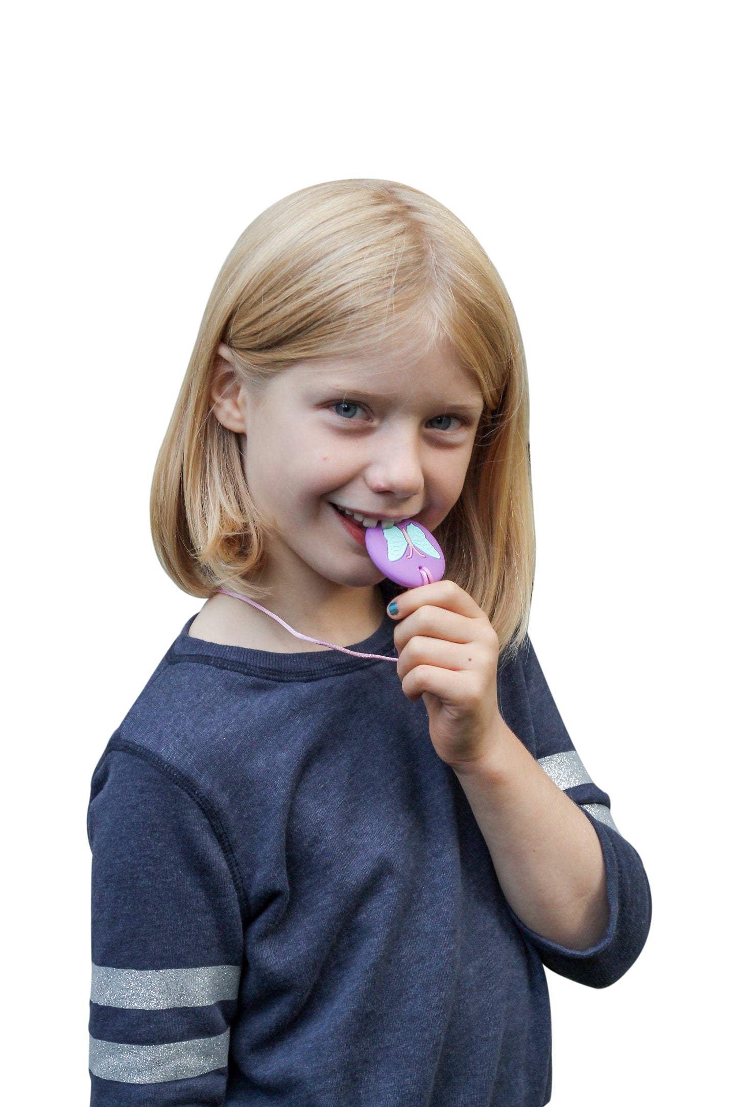 American girl chewing on Munchables Butterfly Chewelry Sensory Necklace.