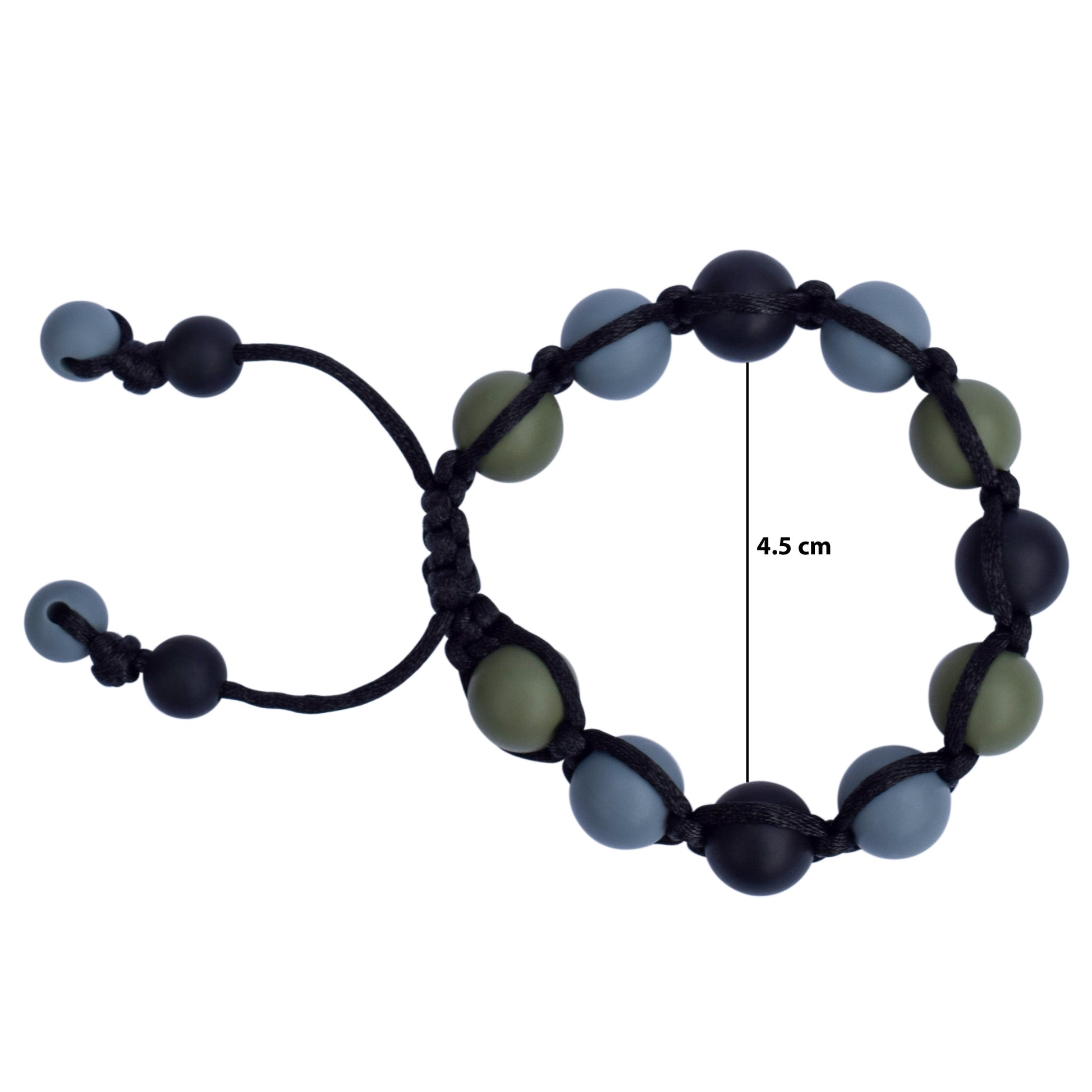 Munchables Adjustable Chew Bracelet size small has an inner diameter of 4.5-5.5cm, medium: 5-6cm and large: 6 to 7cm.