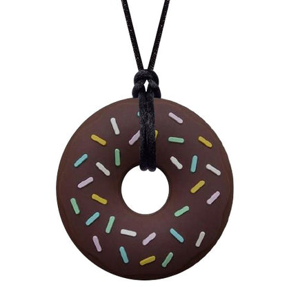 Munchables Brown Donut Chew Necklace with Colourful Sprinkles Strung on a Black Cord.