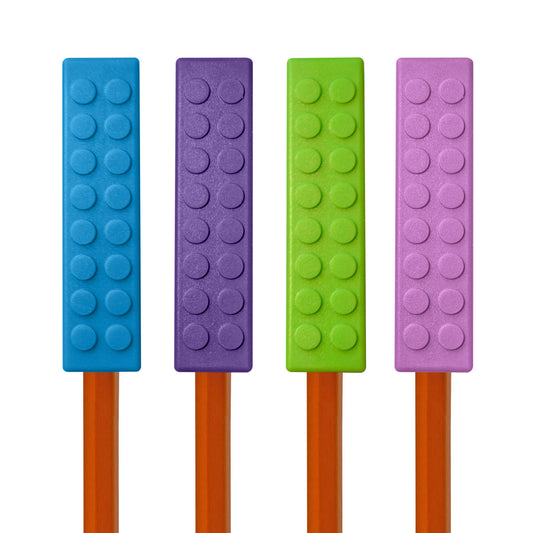 Set of 4 LEGO style chewable pencil toppers in blue, dark purple, green and light purple