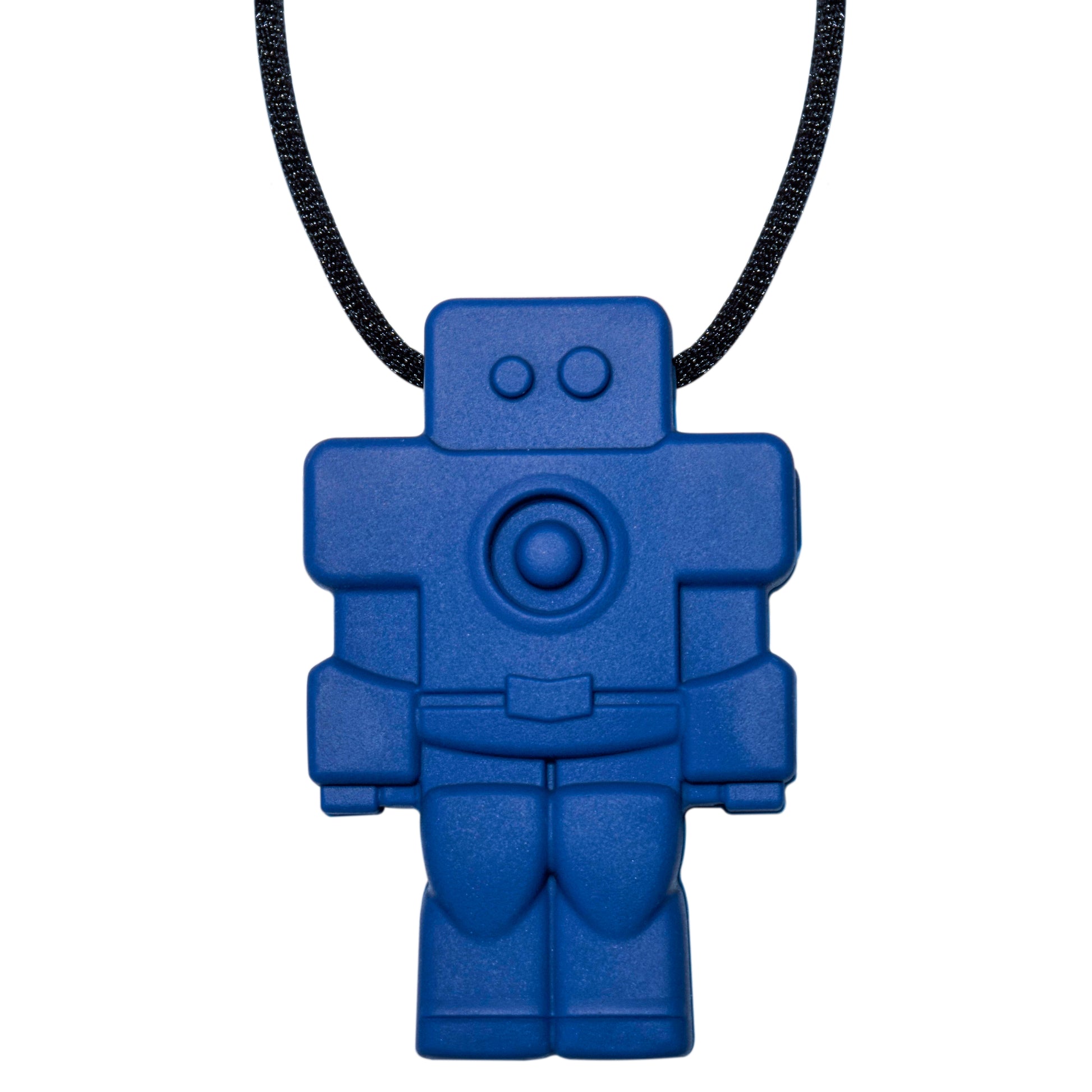 Munchables Robot Chew Necklace in navy blue strung on a black cord.