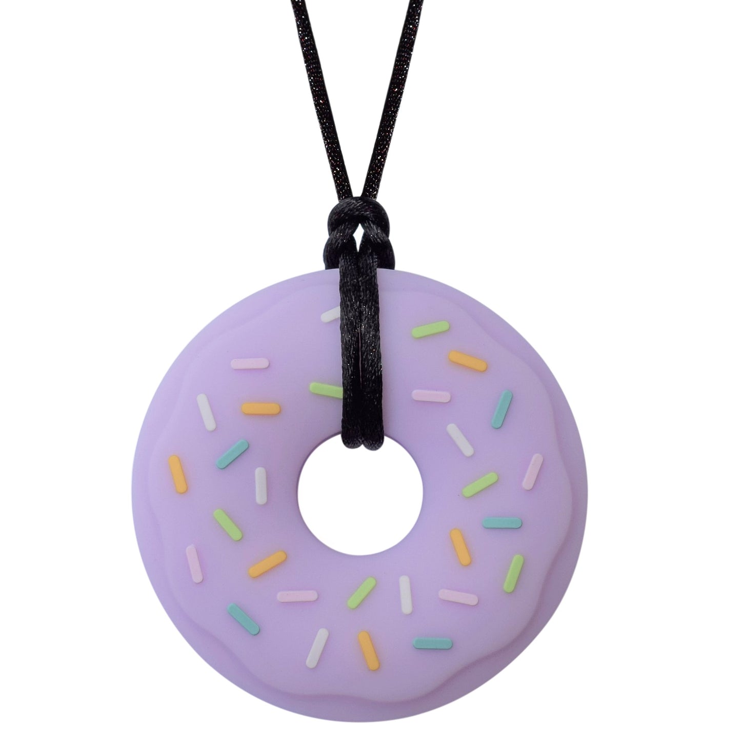Munchables Purple Donut Chew Necklace with Colourful Sprinkles Strung on a Black Cord.