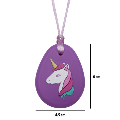 The Munchables Unicorn Chew Necklace measures 6cm high by 4.5cm wide.