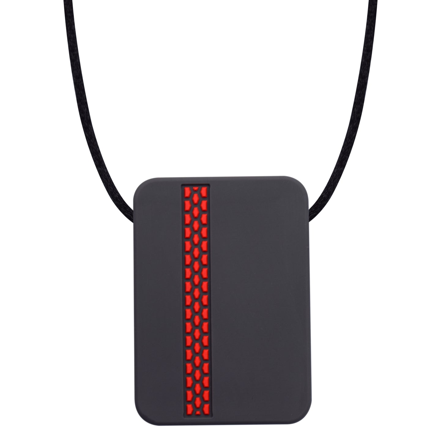 Munchables adult chew necklace in rectangle shape with red tire strip down one side.