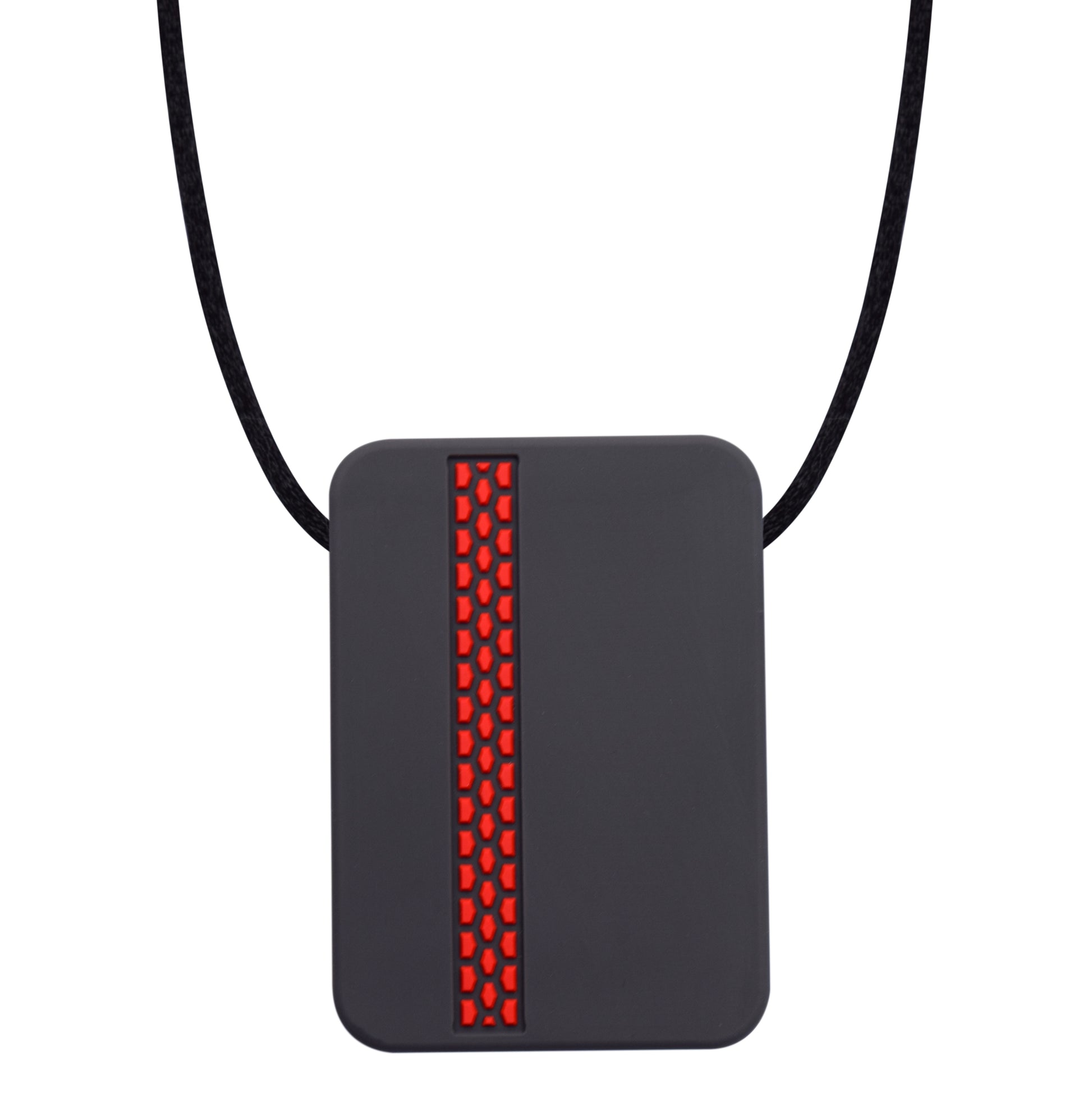 Munchables adult chew necklace in rectangle shape with red tire strip down one side.