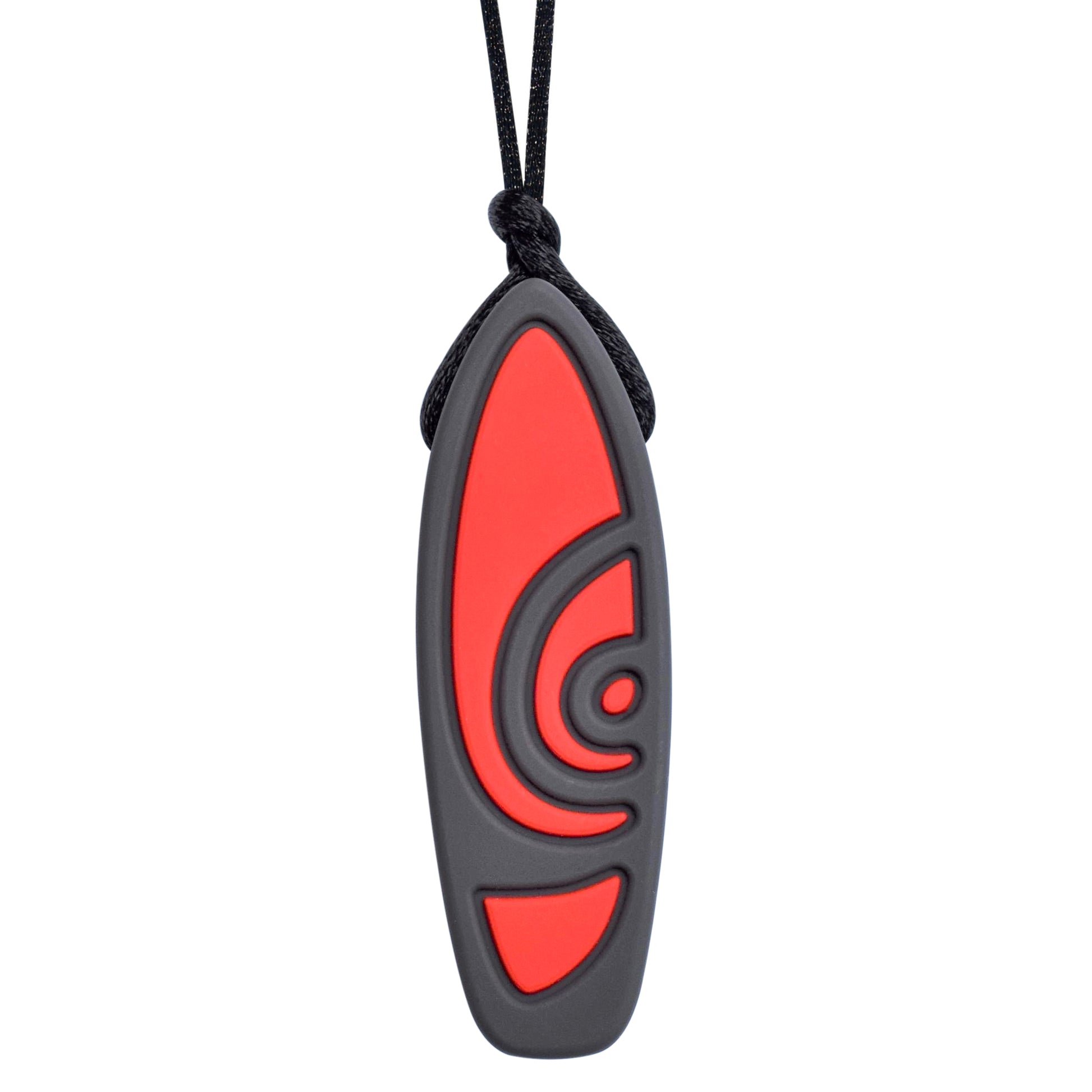 Munchables Surfboard Chew Necklace in black and red strung on a black cord.