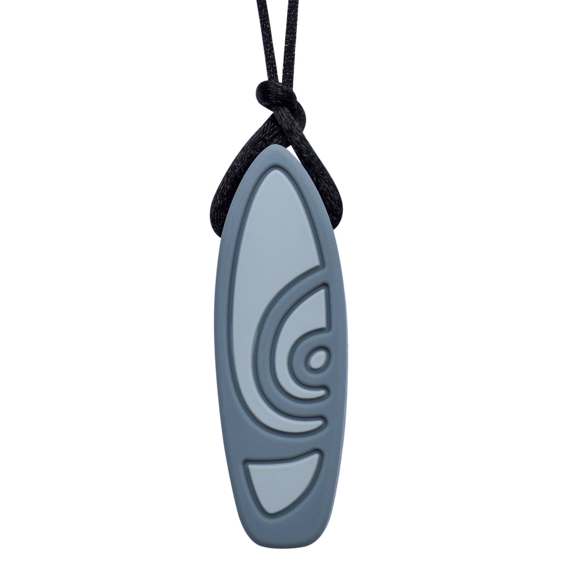 Munchables Surfboard Chew Necklace in two shades of gray strung on a black cord.