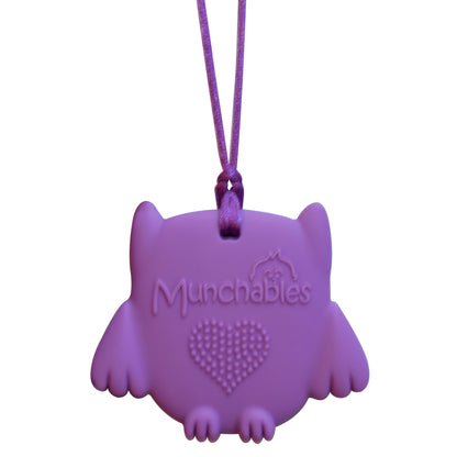 Munchables Baby Owl Sensory Chew Necklace reverse side showing textured nubs for additional sensory interest. Purple.